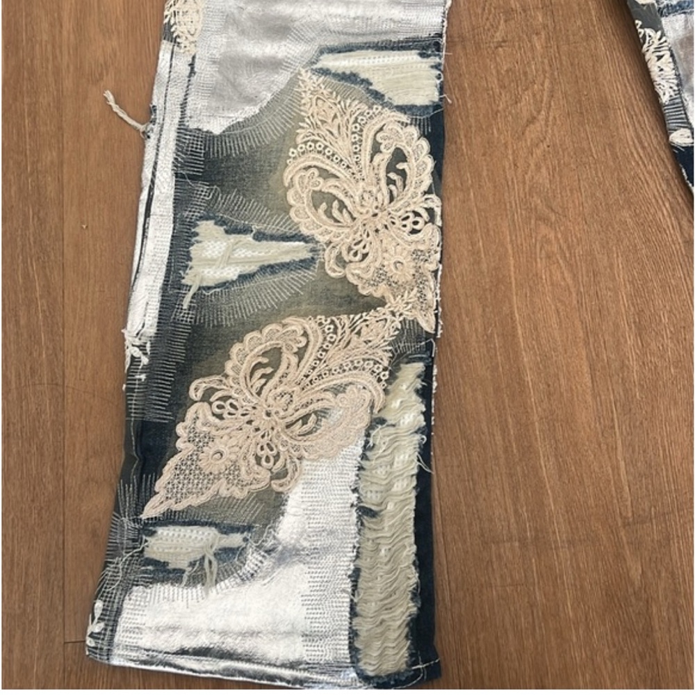 Chic Silver and Blue Jeans with Lace Accents